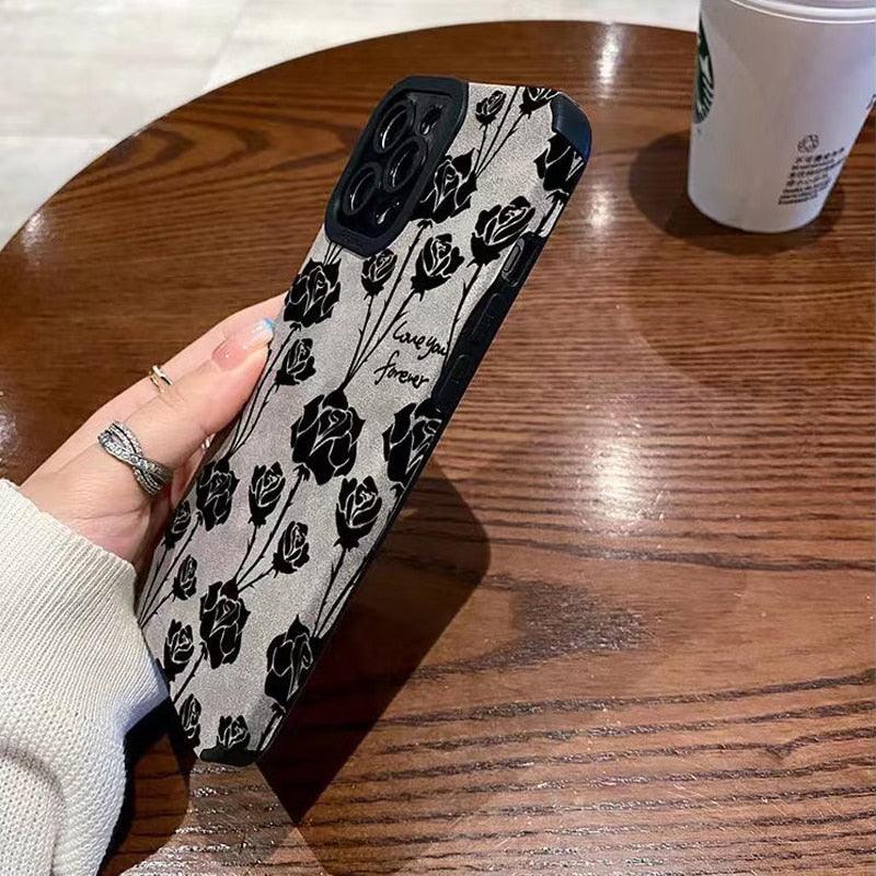 Cute Rose Pattern Leather Phone Case for iPhone 7, 8 Plus, X, XS Max, XR, 11, 12, 13, 14 Pro Max, and 14 Plus - Touchy Style .