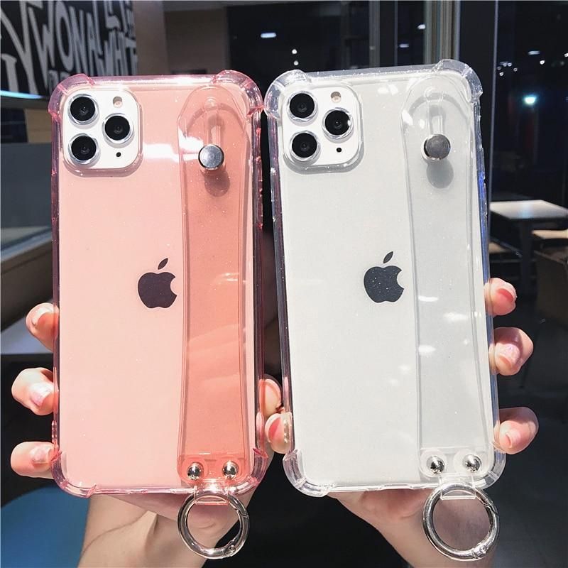 Glitter Powder Cute Phone Case For iPhone 11 12 13 Pro Max X XR XS Max 8 7 6s Plus Shining Transparent Soft Silicone Wrist Strap Back Cover - Touchy Style .