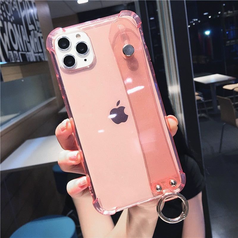 Glitter Powder Cute Phone Case For iPhone 11 12 13 Pro Max X XR XS Max 8 7 6s Plus Shining Transparent Soft Silicone Wrist Strap Back Cover - Touchy Style .