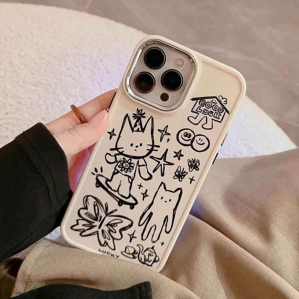 Cute Skateboard Rabbit Graffiti Plating Phone Case for iPhone 15, 14, 13, 12, 11 Pro Max, XR, X, 7, 8, 14 Plus - Touchy Style