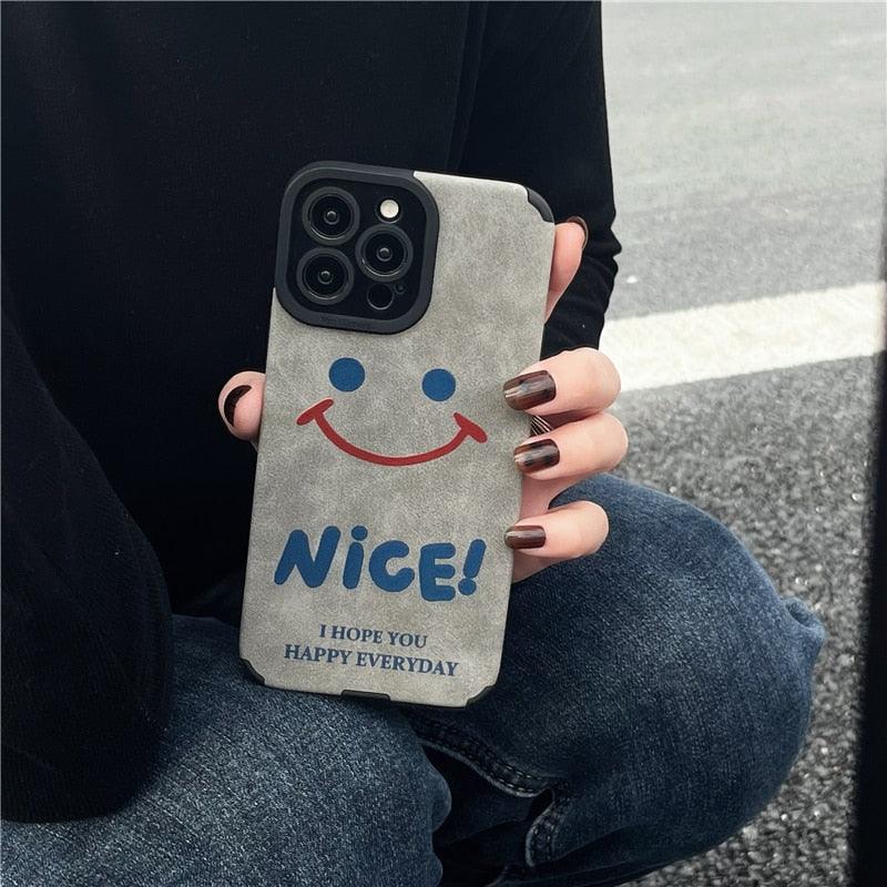 Cute Smiley Leather Phone Case for iPhone 12, 13 Mini, 11, 14 Pro, XS Max, X, XR, 6, 6s, 7, 8 Plus, SE 3, 2022, 11 Pro - Gray - Touchy Style .