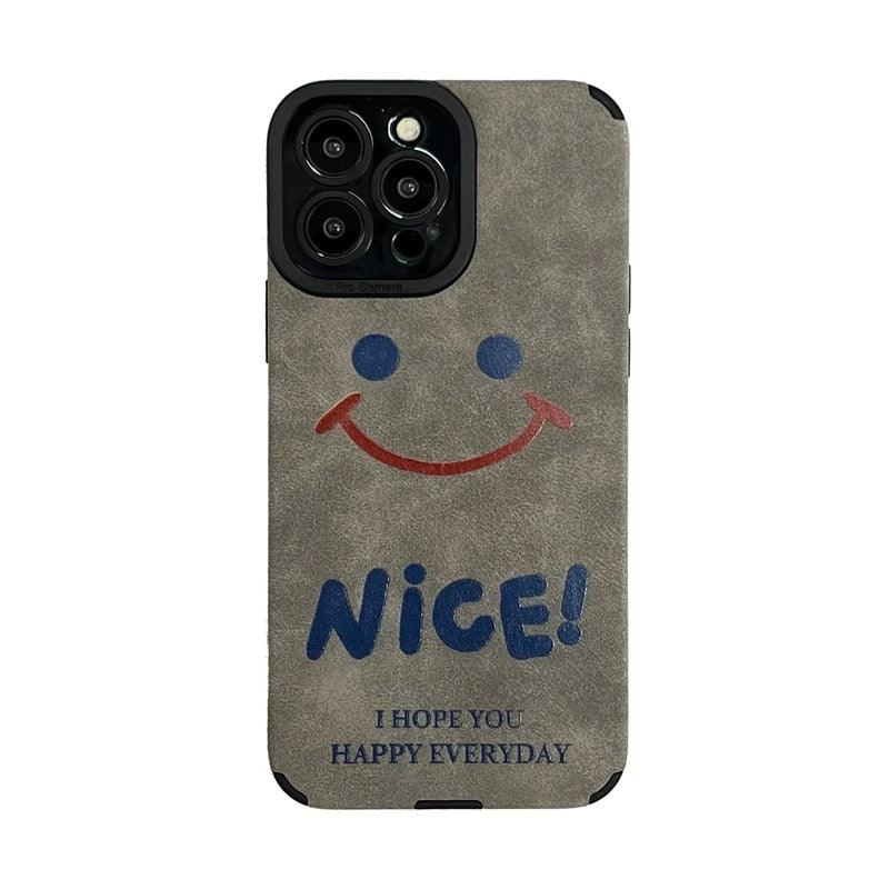 Cute Smiley Leather Phone Case for iPhone 12, 13 Mini, 11, 14 Pro, XS Max, X, XR, 6, 6s, 7, 8 Plus, SE 3, 2022, 11 Pro - Gray - Touchy Style .
