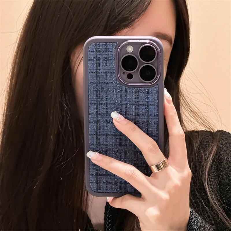 Cute Tweed Fabric Lattice Phone Case Cover for iPhone 14, 13, 12, and 11 Pro Max - Touchy Style .