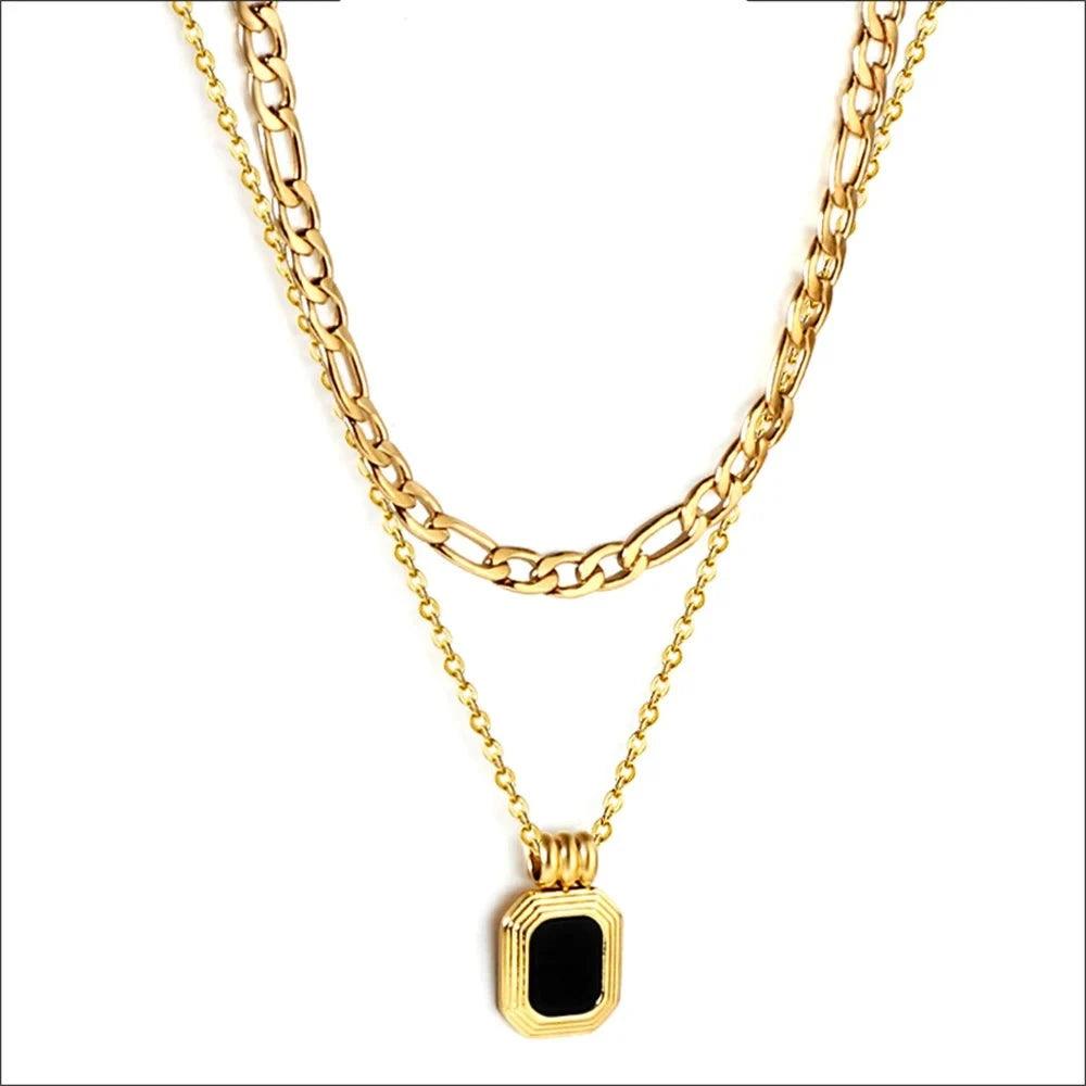 Double Layer Necklaces Charm Jewelry XYS0926 Stainless Steel Black Square - Touchy Style
