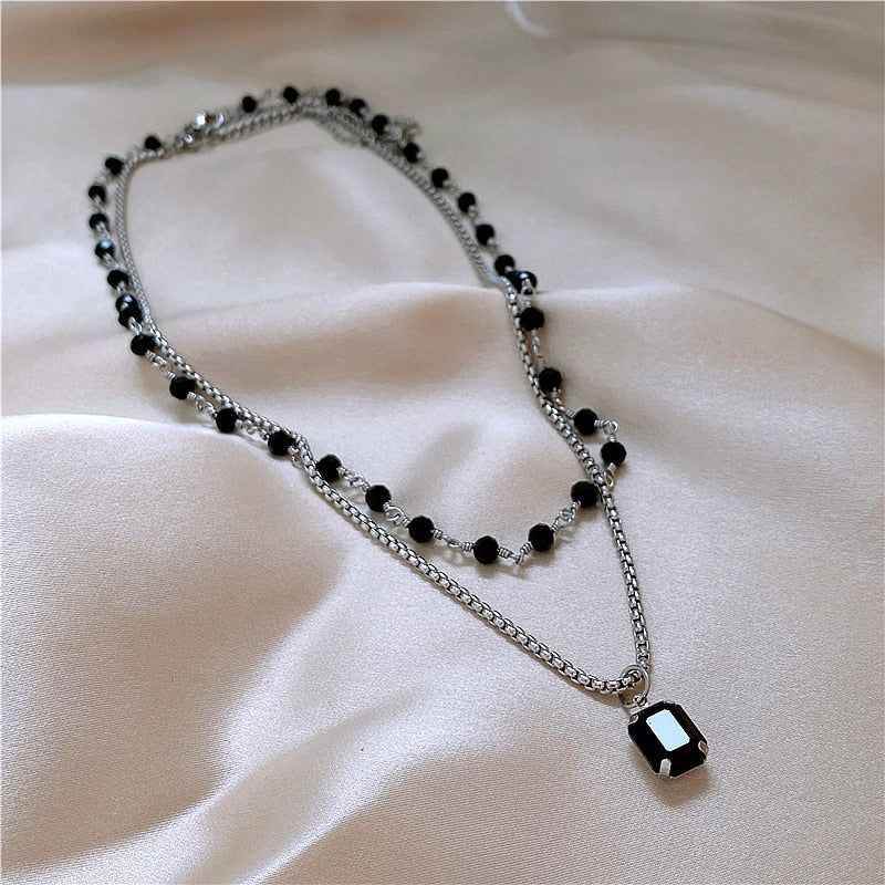 Double Layered Black Stone Square Pendant Necklace Charm Jewelry WB129 - Touchy Style
