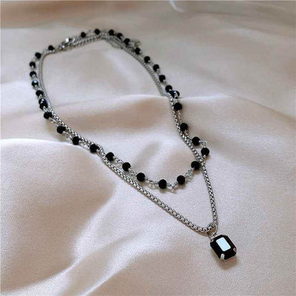 Double Layered Black Stone Square Pendant Necklace Charm Jewelry WB129 - Touchy Style