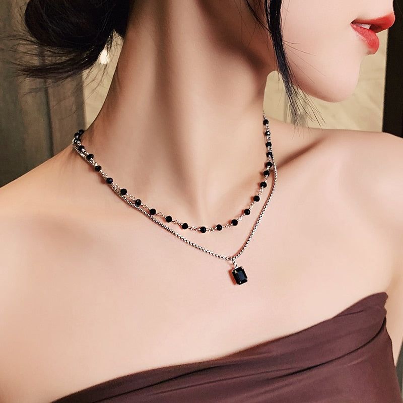 Double Layered Black Stone Square Pendant Necklace Charm Jewelry WB129 - Touchy Style .