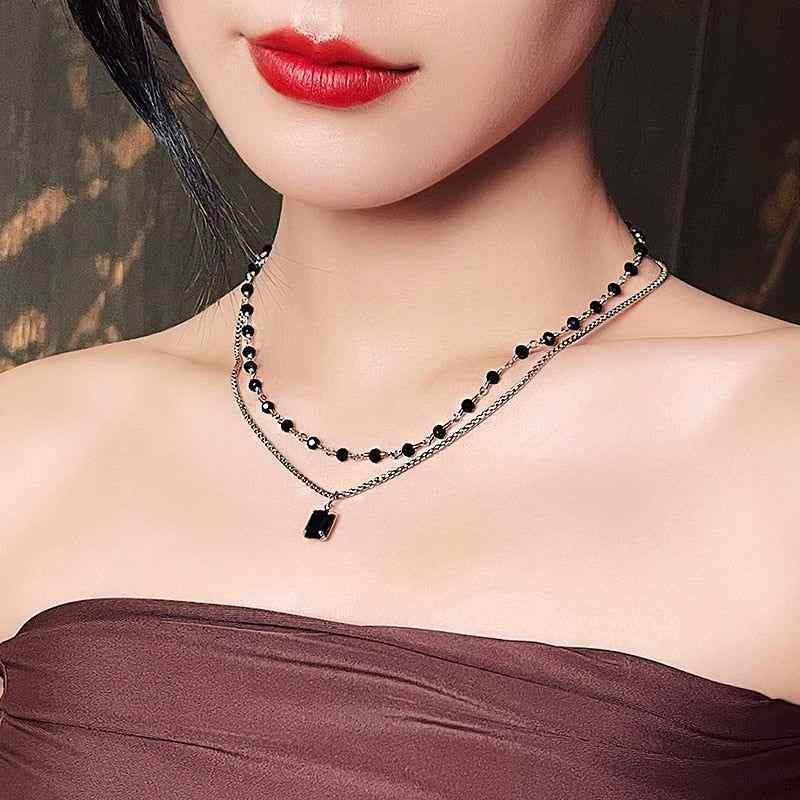 Double Layered Black Stone Square Pendant Necklace Charm Jewelry WB129 - Touchy Style