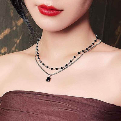 Double Layered Black Stone Square Pendant Necklace Charm Jewelry WB129 - Touchy Style