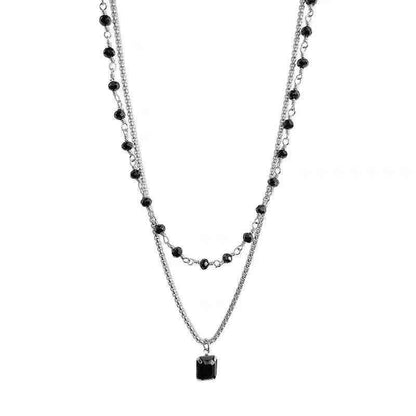 Double Layered Black Stone Square Pendant Necklace Charm Jewelry WB129 - Touchy Style