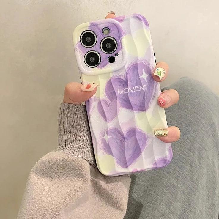 Dream Purple Heart Pattern Wave Cute Phone Case for iPhone 11-15 Pro Max - Touchy Style .