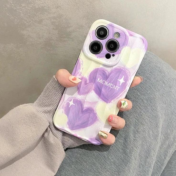 Dream Purple Heart Pattern Wave Cute Phone Case for iPhone 11-15 Pro Max - Touchy Style .