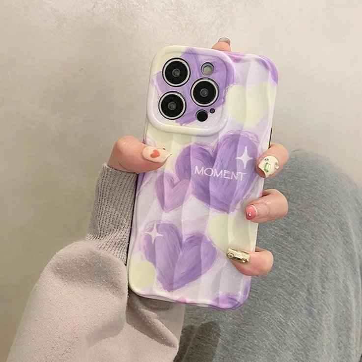 Dream Purple Heart Pattern Wave Cute Phone Case for iPhone 11-15 Pro Max - Touchy Style