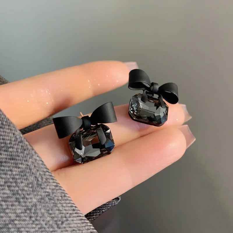 Drop Earrings Charm Jewelry ECJTX13 Black Bow Geometric Square Grey Crystal Gem - Touchy Style