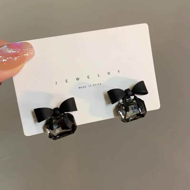 Drop Earrings Charm Jewelry ECJTX13 Black Bow Geometric Square Grey Crystal Gem - Touchy Style