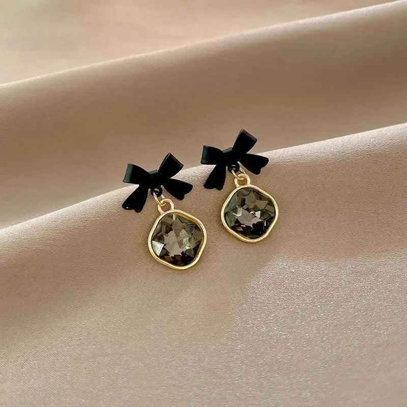 Drop Earrings Charm Jewelry ECJTX13 Black Bow Geometric Square Grey Crystal Gem - Touchy Style