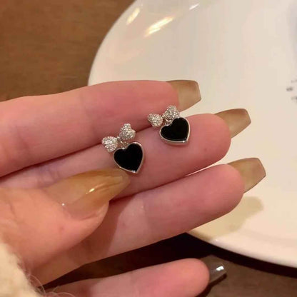 Drop Earrings Charm Jewelry ECJTX13 Black Bow Geometric Square Grey Crystal Gem - Touchy Style