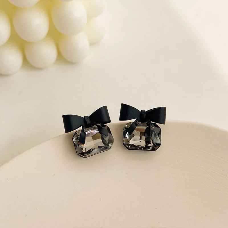 Drop Earrings Charm Jewelry ECJTX13 Black Bow Geometric Square Grey Crystal Gem - Touchy Style