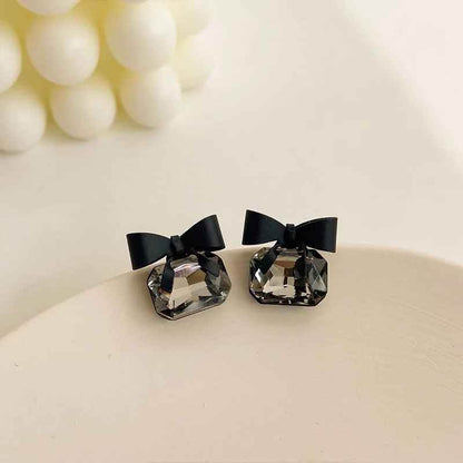 Drop Earrings Charm Jewelry ECJTX13 Black Bow Geometric Square Grey Crystal Gem - Touchy Style