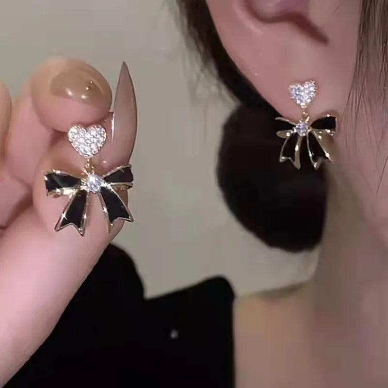 Drop Earrings Charm Jewelry ECJTX13 Black Bow Geometric Square Grey Crystal Gem - Touchy Style .