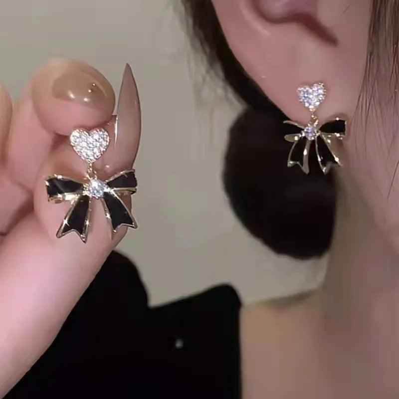Drop Earrings Charm Jewelry ECJTX13 Black Bow Geometric Square Grey Crystal Gem - Touchy Style
