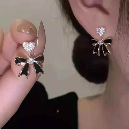 Drop Earrings Charm Jewelry ECJTX13 Black Bow Geometric Square Grey Crystal Gem - Touchy Style