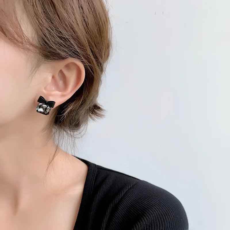 Drop Earrings Charm Jewelry ECJTX13 Black Bow Geometric Square Grey Crystal Gem - Touchy Style
