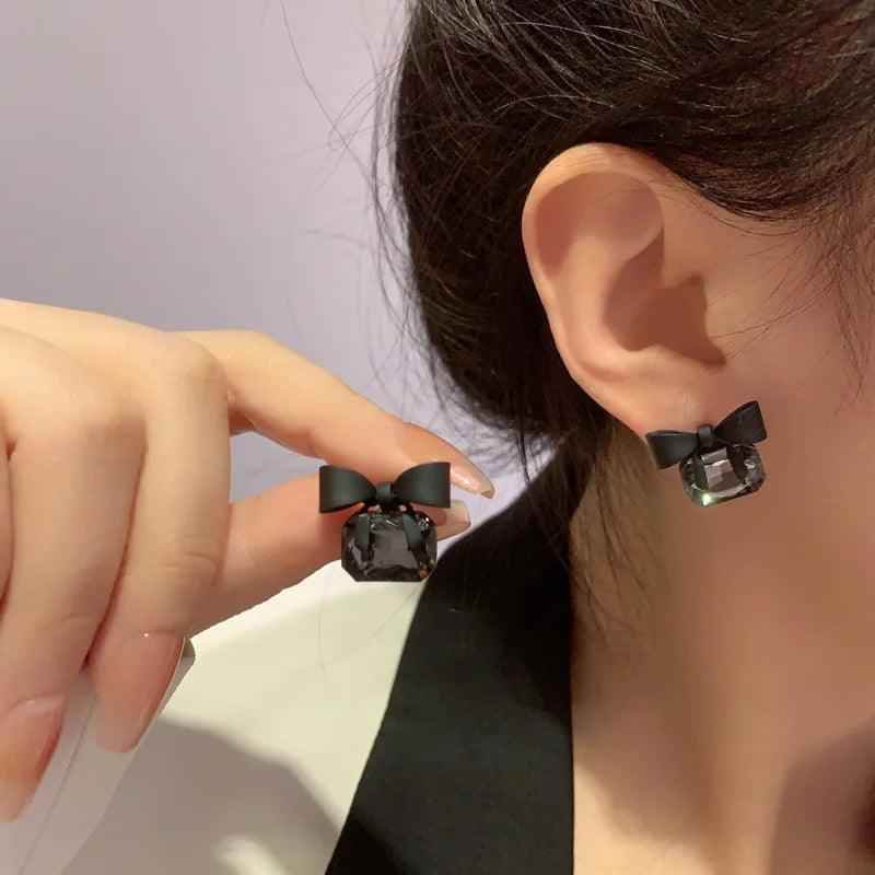 Drop Earrings Charm Jewelry ECJTX13 Black Bow Geometric Square Grey Crystal Gem - Touchy Style
