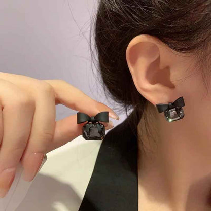 Drop Earrings Charm Jewelry ECJTX13 Black Bow Geometric Square Grey Crystal Gem - Touchy Style
