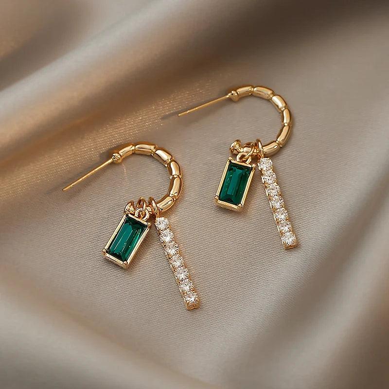 Drop Earrings Charm Jewelry ECJWY07 Retro Square Green Zircon C-shaped - Touchy Style