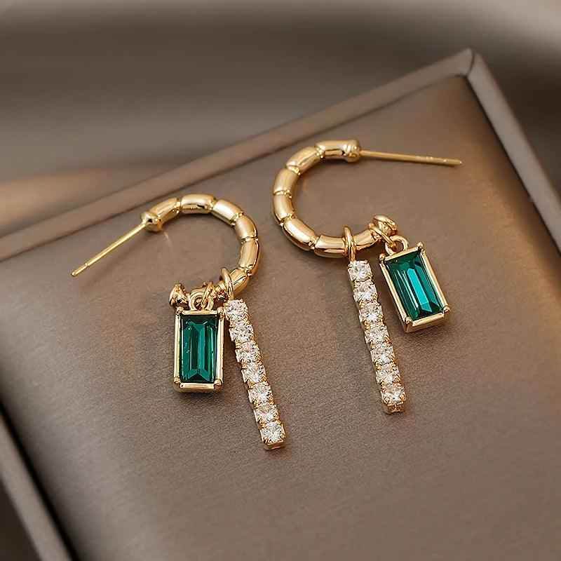 Drop Earrings Charm Jewelry ECJWY07 Retro Square Green Zircon C-shaped - Touchy Style