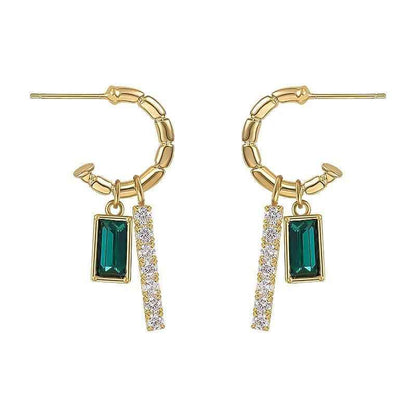 Drop Earrings Charm Jewelry ECJWY07 Retro Square Green Zircon C-shaped - Touchy Style