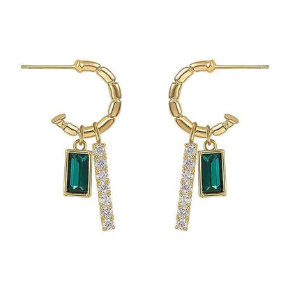 Drop Earrings Charm Jewelry ECJWY07 Retro Square Green Zircon C-shaped - Touchy Style