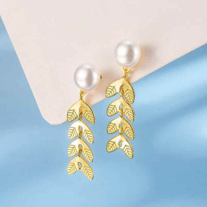 Drop Earrings Charm Jewelry - Golden Leafs with Pearl - TSJ139 - Touchy Style