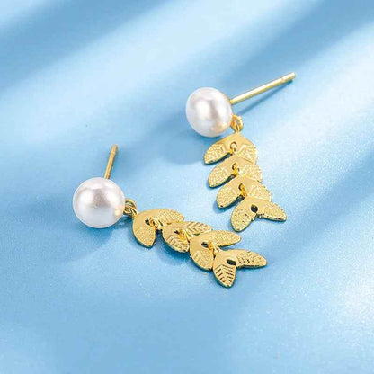 Drop Earrings Charm Jewelry - Golden Leafs with Pearl - TSJ139 - Touchy Style