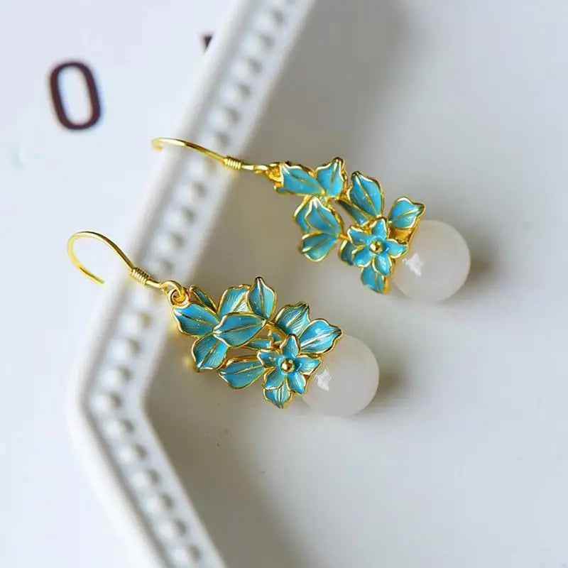 Drop Earrings Charm Jewelry - Hetian White Jade Flower - C110 - Touchy Style