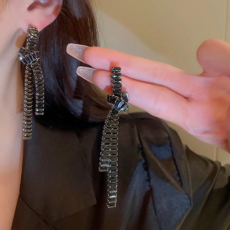 Elegant RV136 Long Bowknot Drop Earrings: Shiny Crystal Fashion Jewelry Charm - Touchy Style