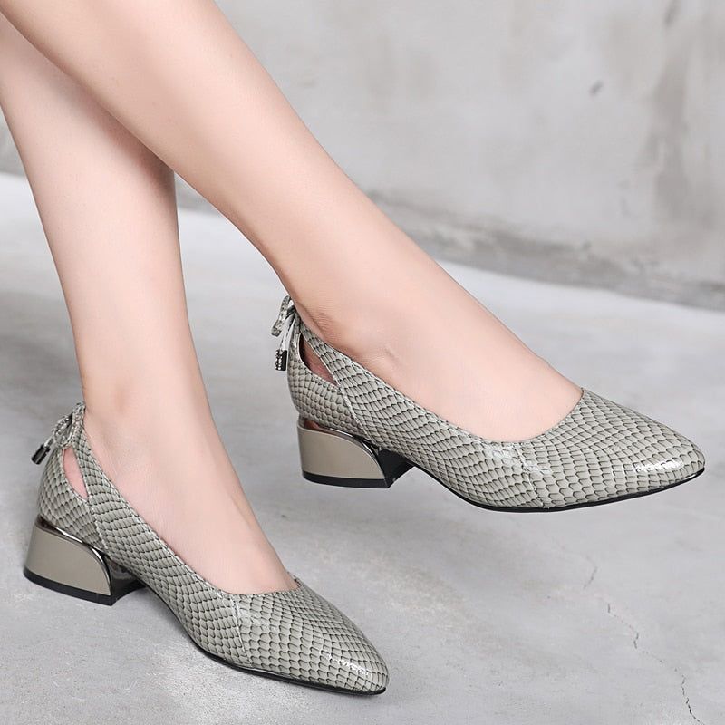 Fashion Leather Pumps Thick Low Heel Women&