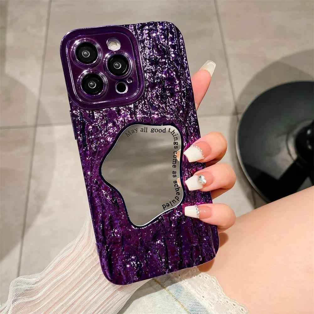 Fashion Plating Rock Cute Phone Cases For iPhone 15 14 Pro Max 13 12 11 - With Makeup Mirror - Touchy Style .