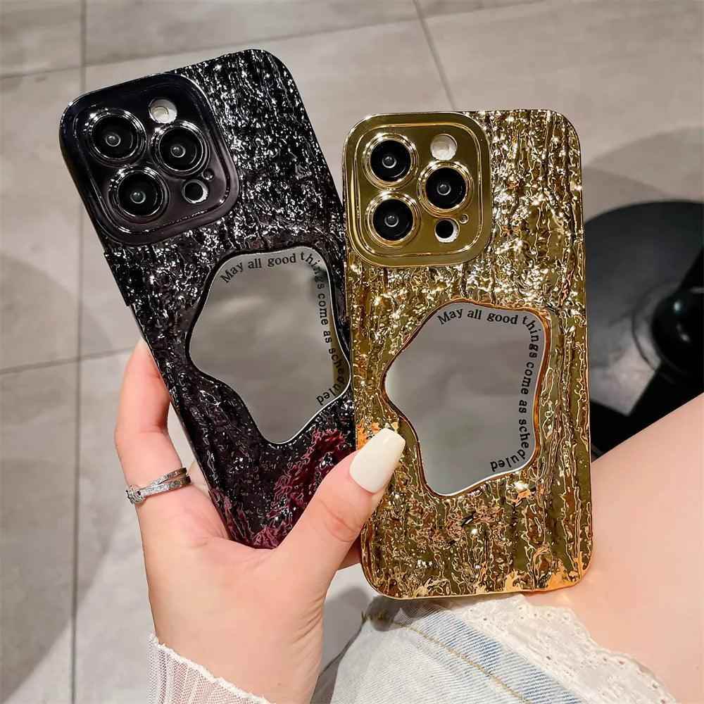 Fashion Plating Rock Cute Phone Cases For iPhone 15 14 Pro Max 13 12 11 - With Makeup Mirror - Touchy Style .