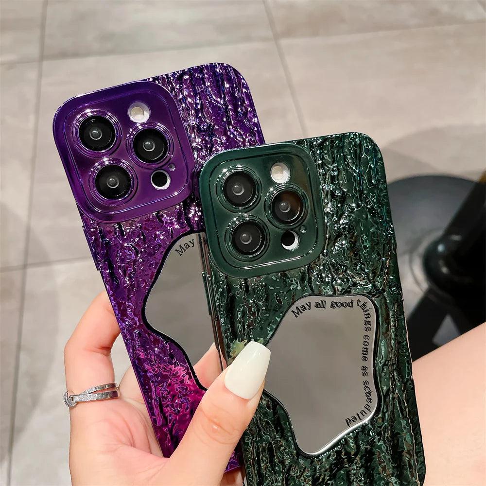 Fashion Plating Rock Cute Phone Cases For iPhone 15 14 Pro Max 13 12 11 - With Makeup Mirror - Touchy Style .