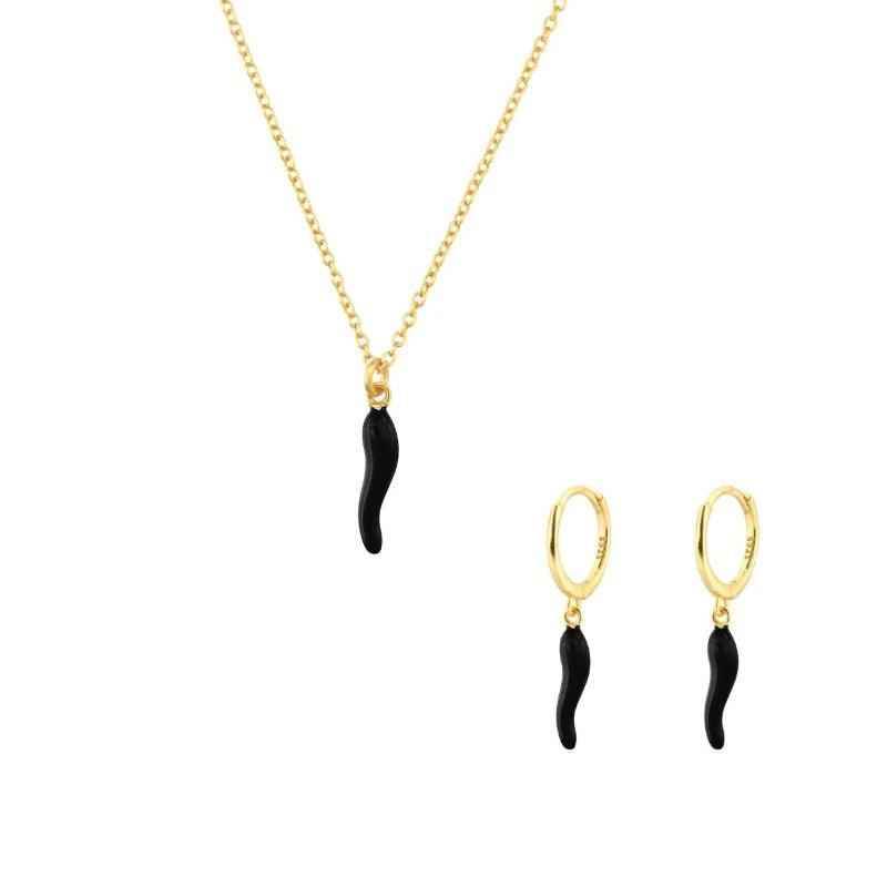 Fashionable Gold Chili Pendant Earrings and Necklace Set with Red Enamel Accents Charm Jewelry - Touchy Style