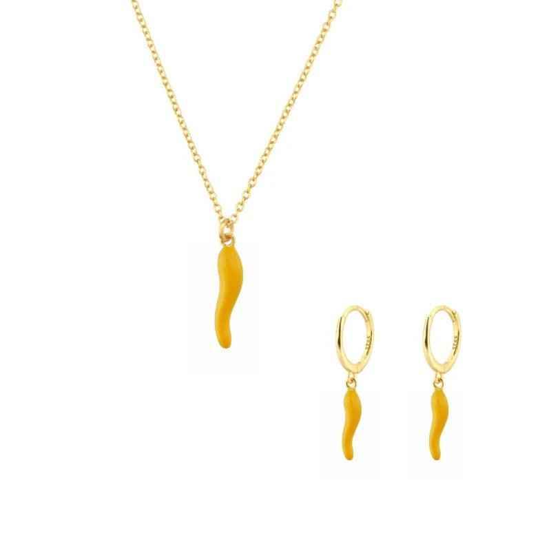 Fashionable Gold Chili Pendant Earrings and Necklace Set with Red Enamel Accents Charm Jewelry - Touchy Style .