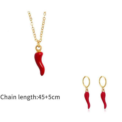 Fashionable Gold Chili Pendant Earrings and Necklace Set with Red Enamel Accents Charm Jewelry - Touchy Style