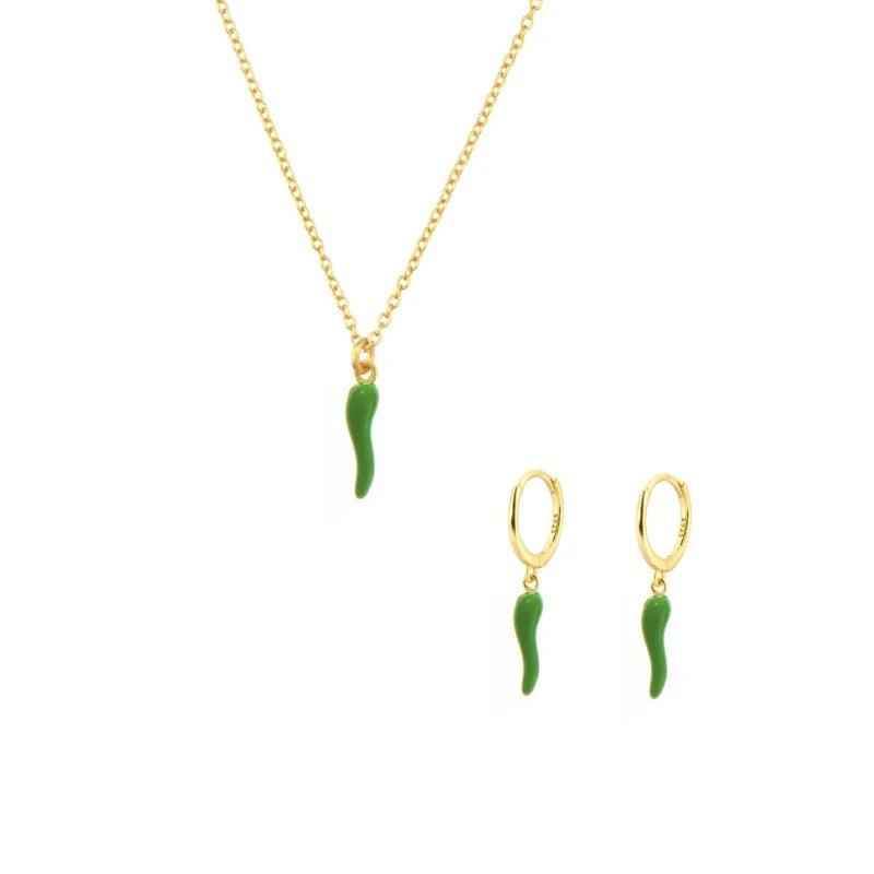 Fashionable Gold Chili Pendant Earrings and Necklace Set with Red Enamel Accents Charm Jewelry - Touchy Style