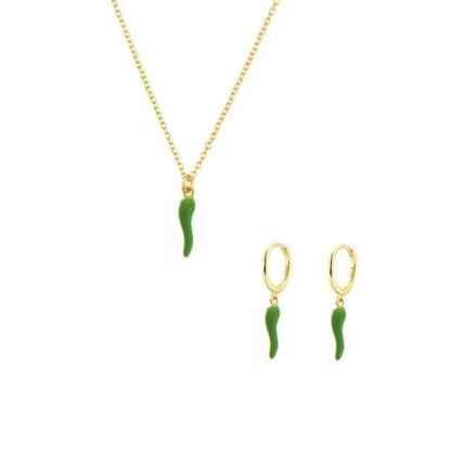 Fashionable Gold Chili Pendant Earrings and Necklace Set with Red Enamel Accents Charm Jewelry - Touchy Style