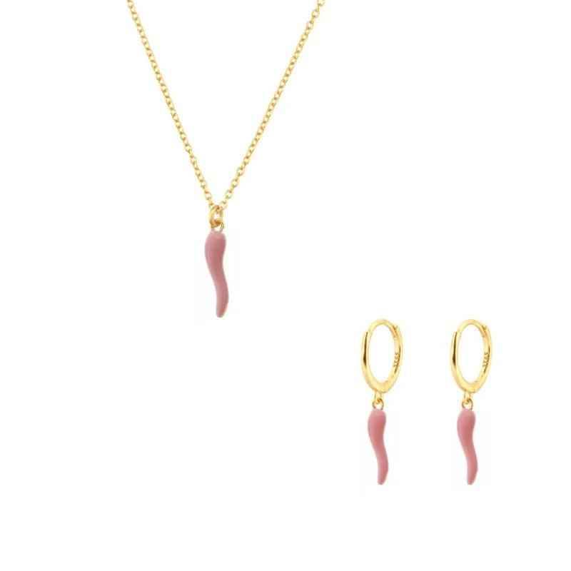 Fashionable Gold Chili Pendant Earrings and Necklace Set with Red Enamel Accents Charm Jewelry - Touchy Style