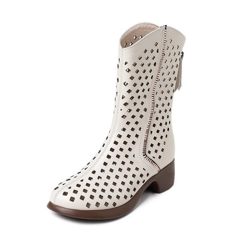Fashionable Hollow Leather Mid-Calf Boots: RV215 Women&