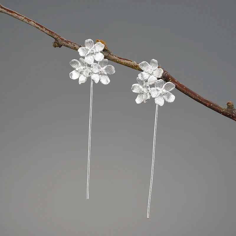 Floral Charm Jewelry: LFJB0257 Long Drop Earring in 925 Sterling Silver - Touchy Style .