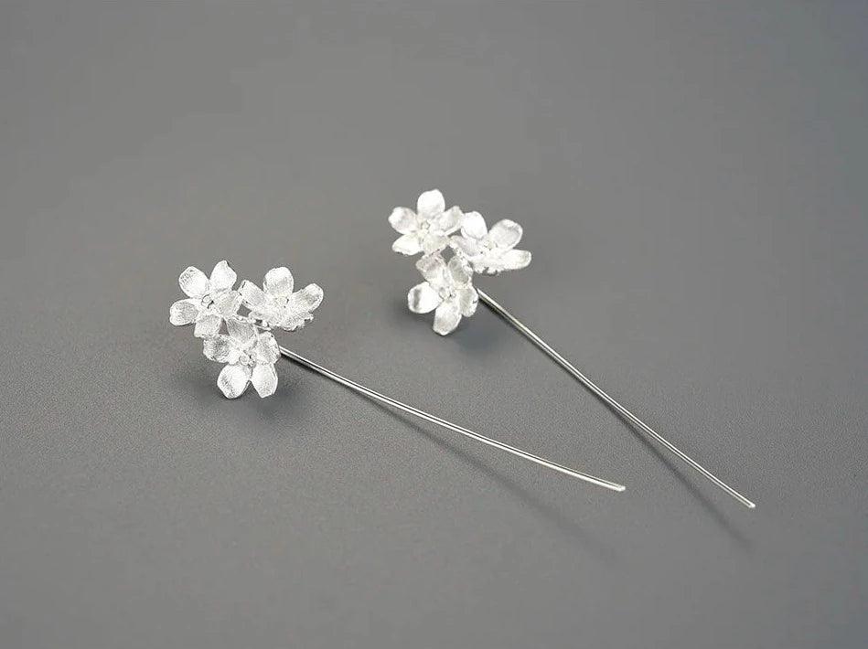 Floral Charm Jewelry: LFJB0257 Long Drop Earring in 925 Sterling Silver - Touchy Style .